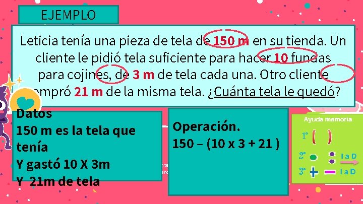 EJEMPLO Leticia tenía una pieza de tela de 150 m en su tienda. Un