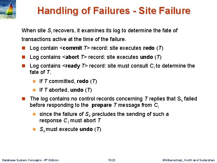 Handling of Failures - Site Failure When site Si recovers, it examines its log