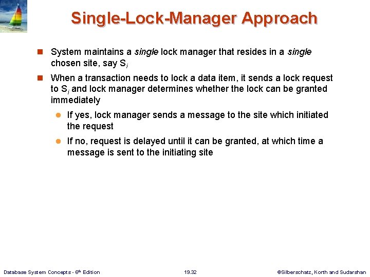 Single-Lock-Manager Approach n System maintains a single lock manager that resides in a single