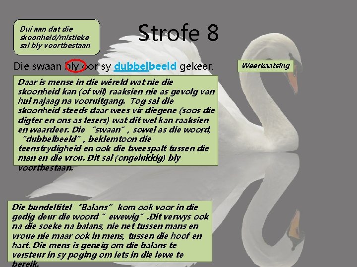 Dui aan dat die skoonheid/mistieke sal bly voortbestaan Strofe 8 Die swaan bly oor