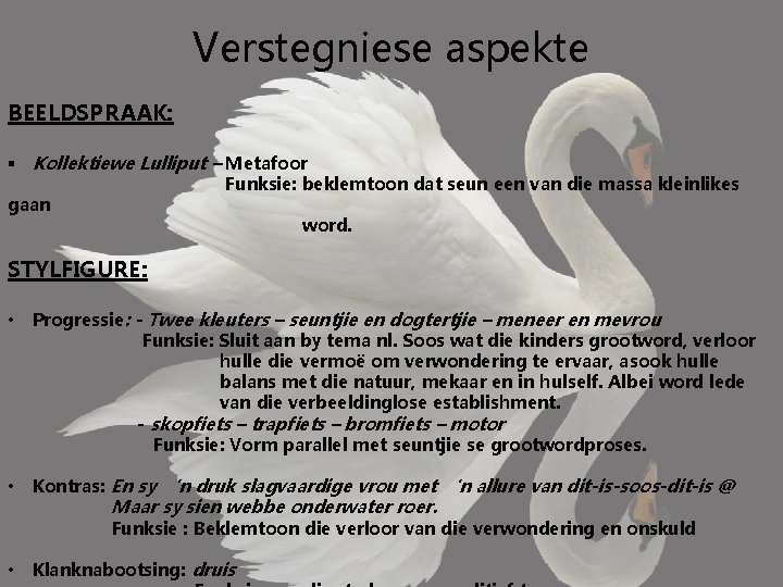 Verstegniese aspekte BEELDSPRAAK: Kollektiewe Lulliput – Metafoor Funksie: beklemtoon dat seun een van die