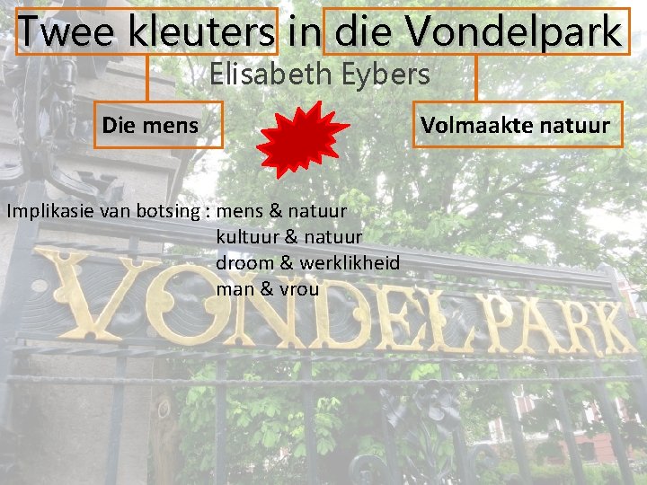 Twee kleuters in die Vondelpark Elisabeth Eybers Die mens Implikasie van botsing : mens