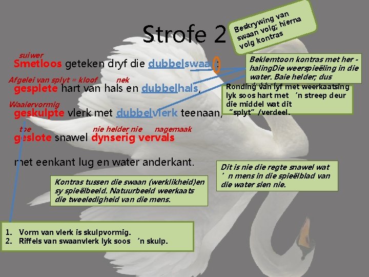 Strofe 2 suiwer Beklemtoon kontras met her haling. Die weerspieëling in die water. Baie