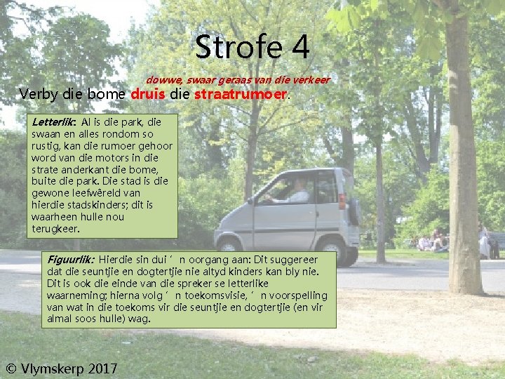 Strofe 4 dowwe, swaar geraas van die verkeer Verby die bome druis die straatrumoer.