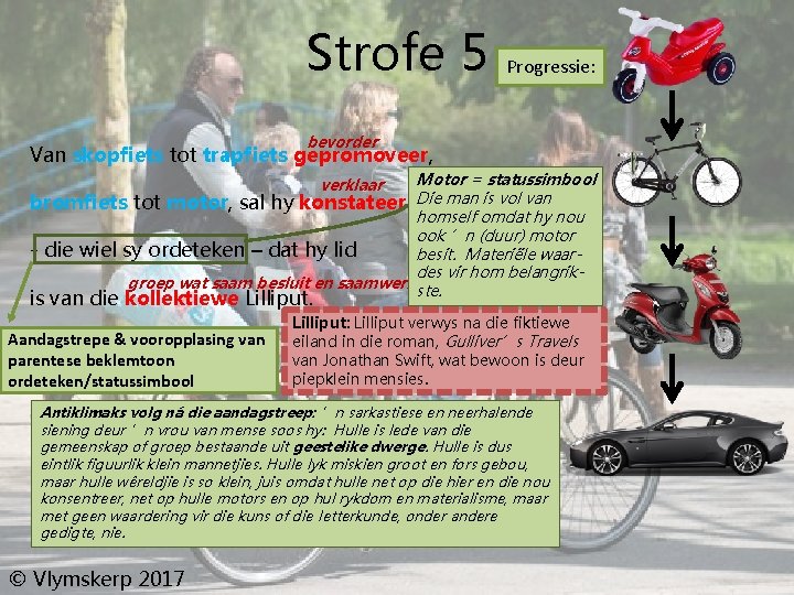 Strofe 5 Progressie: bevorder Van skopfiets tot trapfiets gepromoveer, Motor = statussimbool bromfiets tot