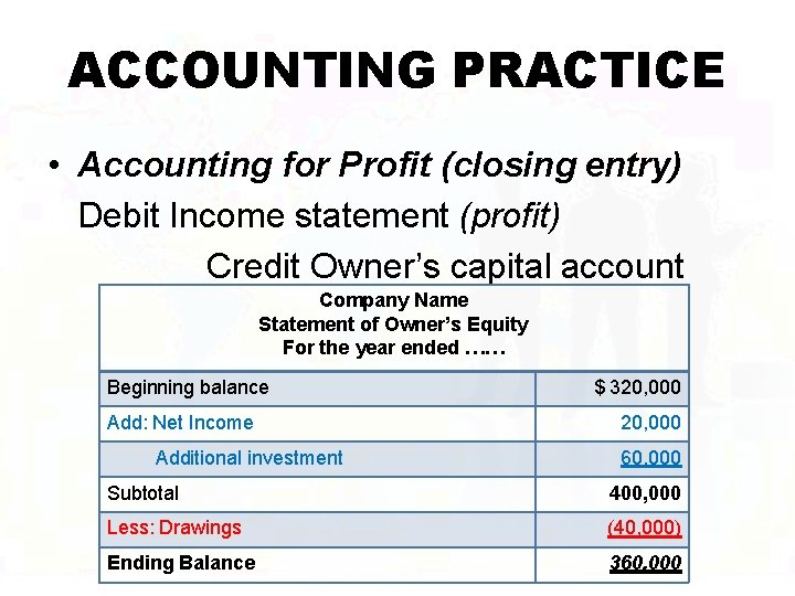 ACCOUNTING PRACTICE • Accounting for Profit (closing entry) Debit Income statement (profit) Credit Owner’s
