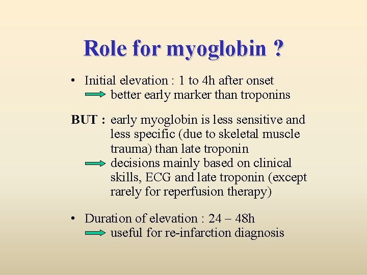Role for myoglobin ? • Initial elevation : 1 to 4 h after onset