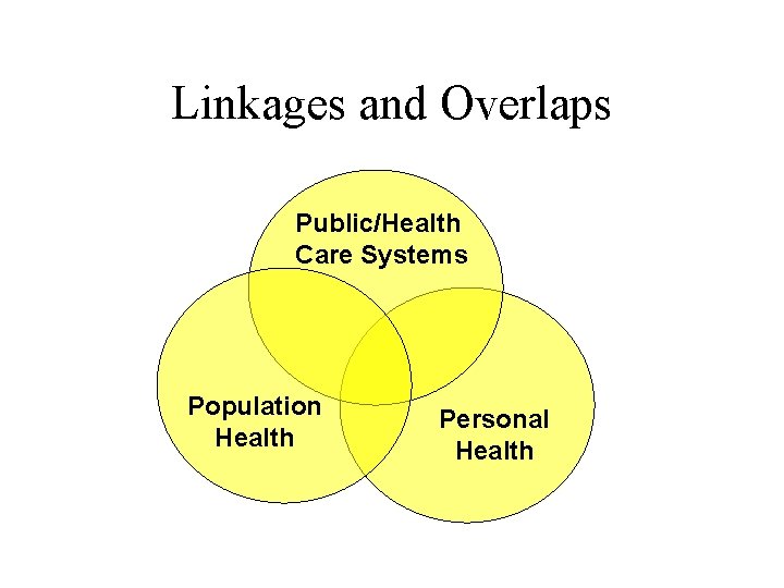 Linkages and Overlaps Public/Health Care Systems Population Health Personal Health 