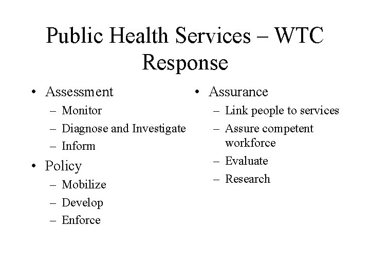 Public Health Services – WTC Response • Assessment – Monitor – Diagnose and Investigate