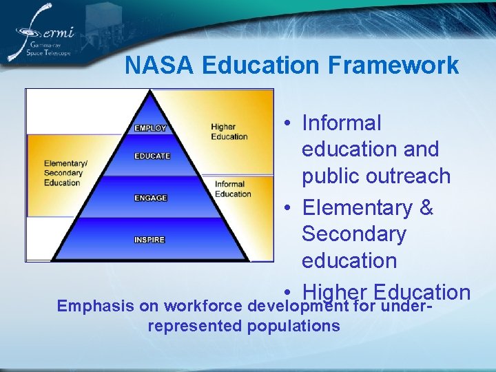 NASA Education Framework • Informal education and public outreach • Elementary & Secondary education
