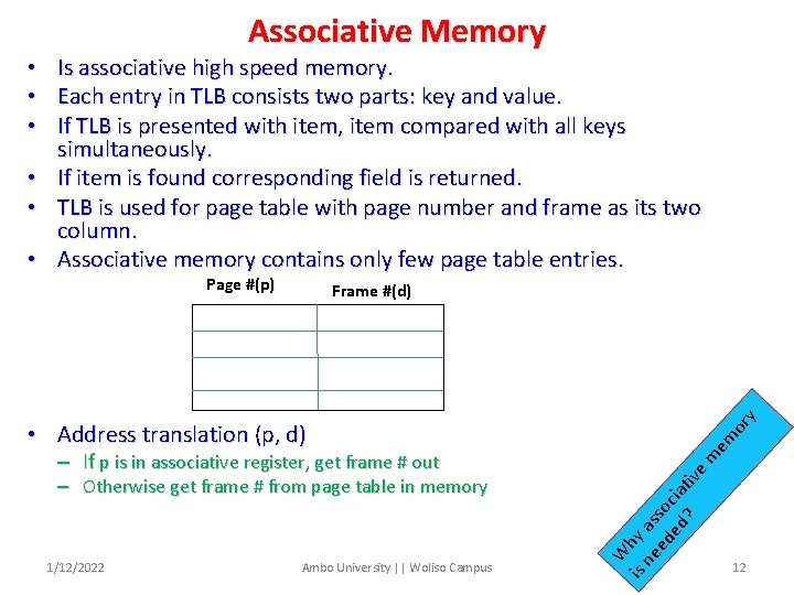 Associative Memory • Is associative high speed memory. • Each entry in TLB consists