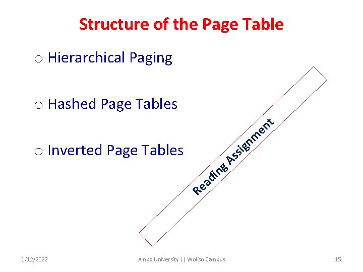 Structure of the Page Table o Hierarchical Paging o Hashed Page Tables t n
