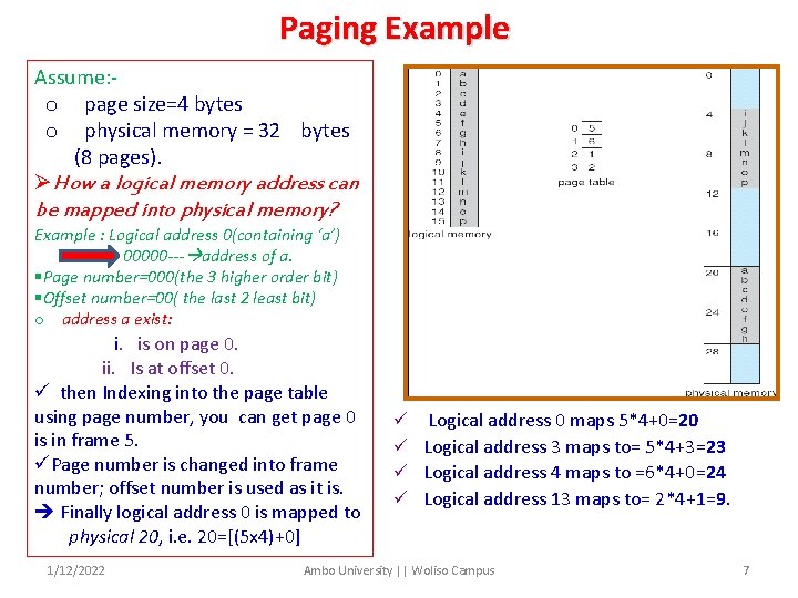 Paging Example Assume: o page size=4 bytes o physical memory = 32 bytes (8