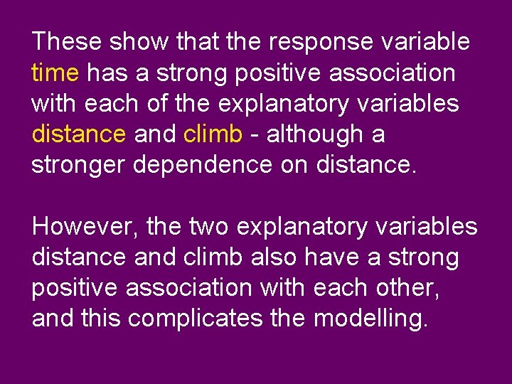 These show that the response variable time has a strong positive association with each