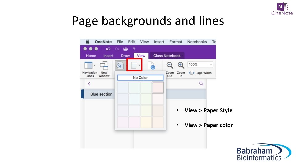 Page backgrounds and lines • View > Paper Style • View > Paper color