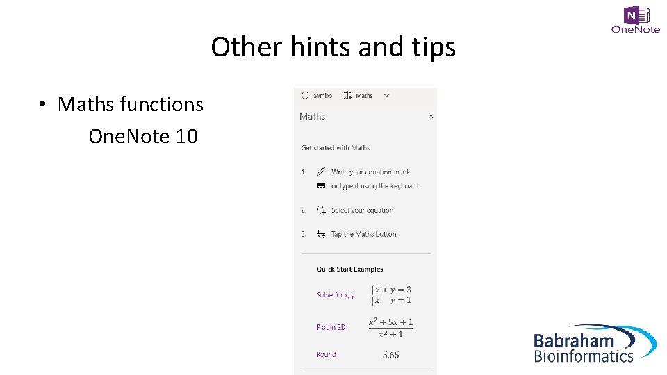 Other hints and tips • Maths functions One. Note 10 