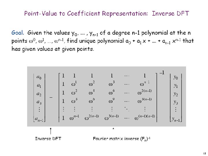 Point-Value to Coefficient Representation: Inverse DFT Goal. Given the values y 0, . .