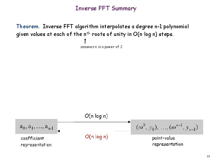 Inverse FFT Summary Theorem. Inverse FFT algorithm interpolates a degree n-1 polynomial given values