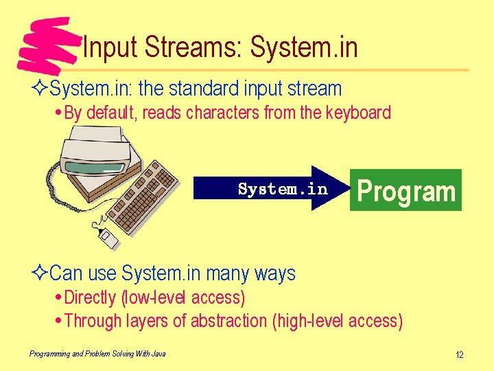 Input Streams: System. in ²System. in: the standard input stream By default, reads characters