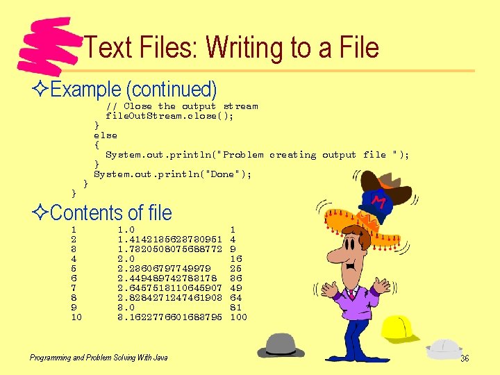 Text Files: Writing to a File ²Example (continued) // Close the output stream file.