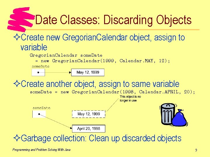 Date Classes: Discarding Objects ²Create new Gregorian. Calendar object, assign to variable Gregorian. Calendar