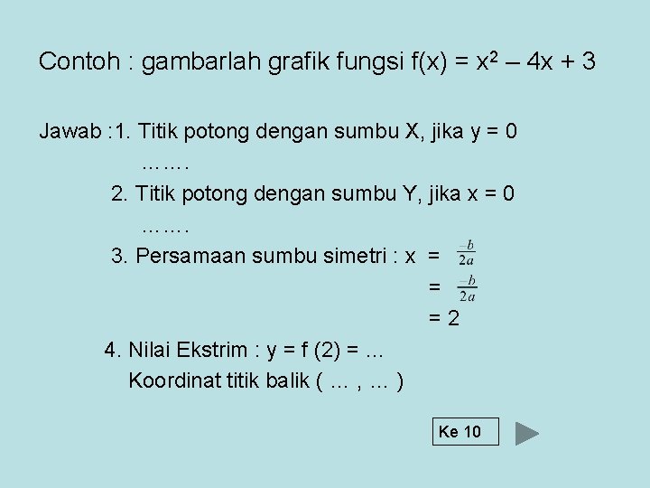 Contoh : gambarlah grafik fungsi f(x) = x 2 – 4 x + 3