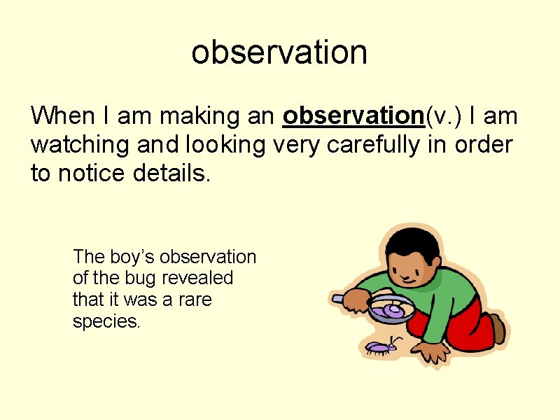 observation When I am making an observation(v. ) I am watching and looking very