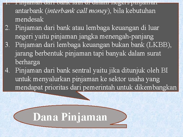 1. Pinjaman dari bank lain di dalam negeri/pinjaman antarbank (interbank call money), bila kebutuhan