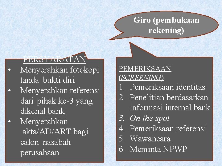 Giro (pembukaan rekening) • • • PERSYARATAN Menyerahkan fotokopi tanda bukti diri Menyerahkan referensi