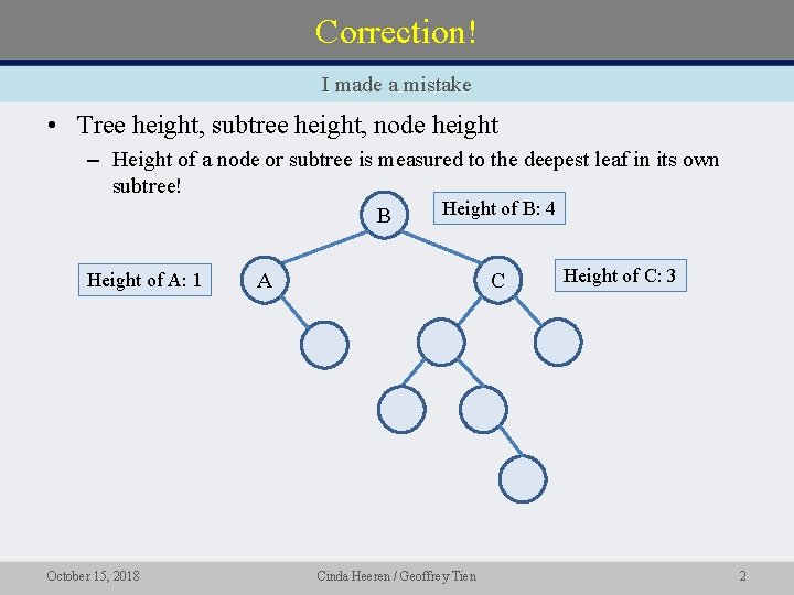 Correction! I made a mistake • Tree height, subtree height, node height – Height