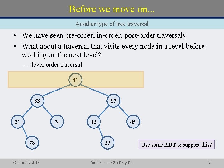 Before we move on. . . Another type of tree traversal • We have Before we move on. . . Another type of tree traversal • We have