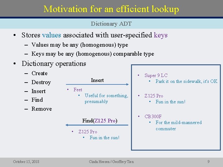 Motivation for an efficient lookup Dictionary ADT • Stores values associated with user-specified keys