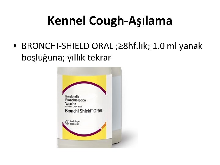 Kennel Cough-Aşılama • BRONCHI-SHIELD ORAL ; ≥ 8 hf. lık; 1. 0 ml yanak