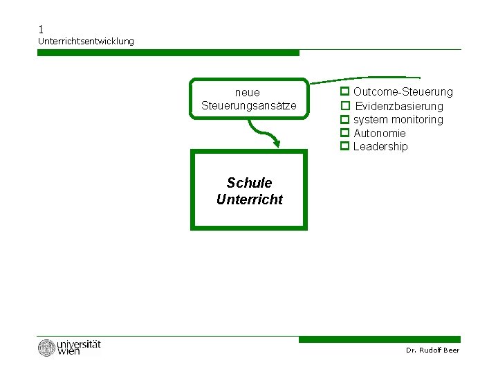 1 Unterrichtsentwicklung neue Steuerungsansätze Outcome-Steuerung Evidenzbasierung system monitoring Autonomie Leadership Schule Unterricht Dr. Rudolf