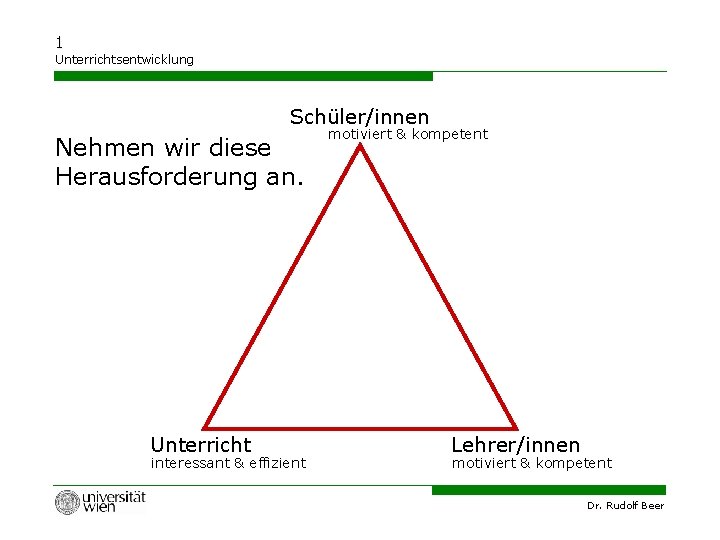 1 Unterrichtsentwicklung Schüler/innen Nehmen wir diese Herausforderung an. Unterricht interessant & effizient motiviert &