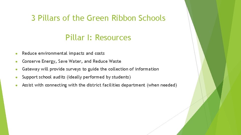 3 Pillars of the Green Ribbon Schools Pillar I: Resources ● Reduce environmental impacts