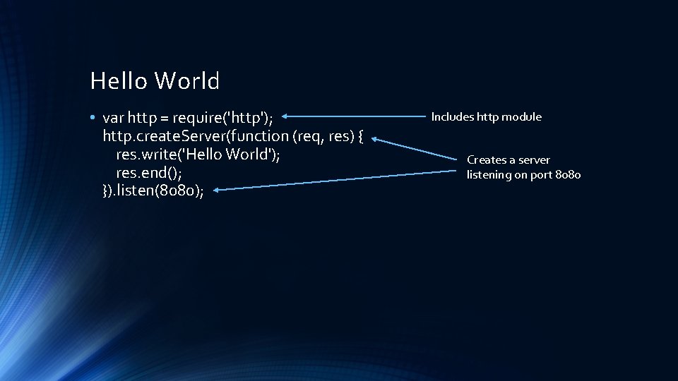 Hello World • var http = require('http'); http. create. Server(function (req, res) { res.