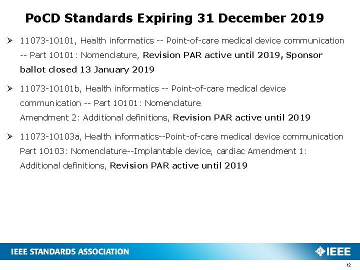Po. CD Standards Expiring 31 December 2019 Ø 11073 -10101, Health informatics -- Point-of-care