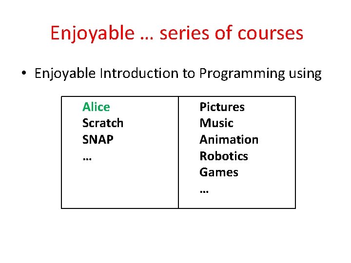 Enjoyable … series of courses • Enjoyable Introduction to Programming using Alice Scratch SNAP