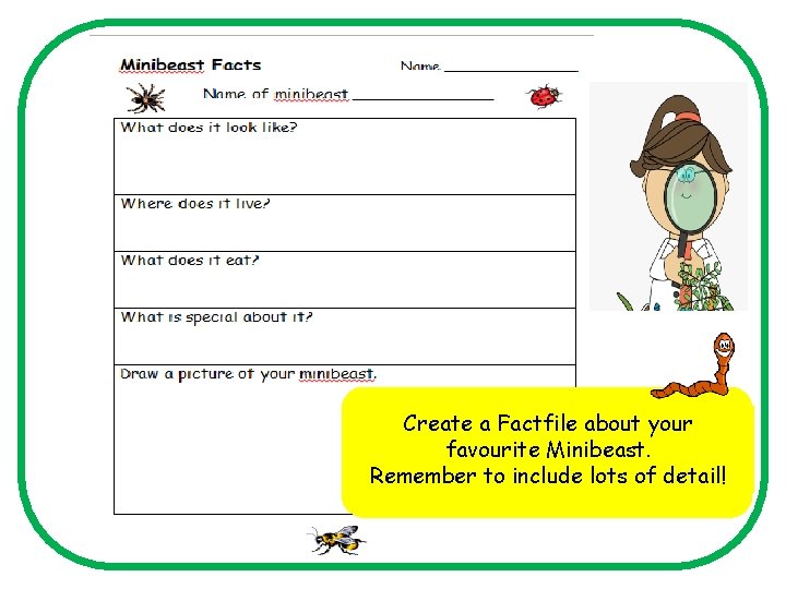 Create a Factfile about your favourite Minibeast. Remember to include lots of detail! 