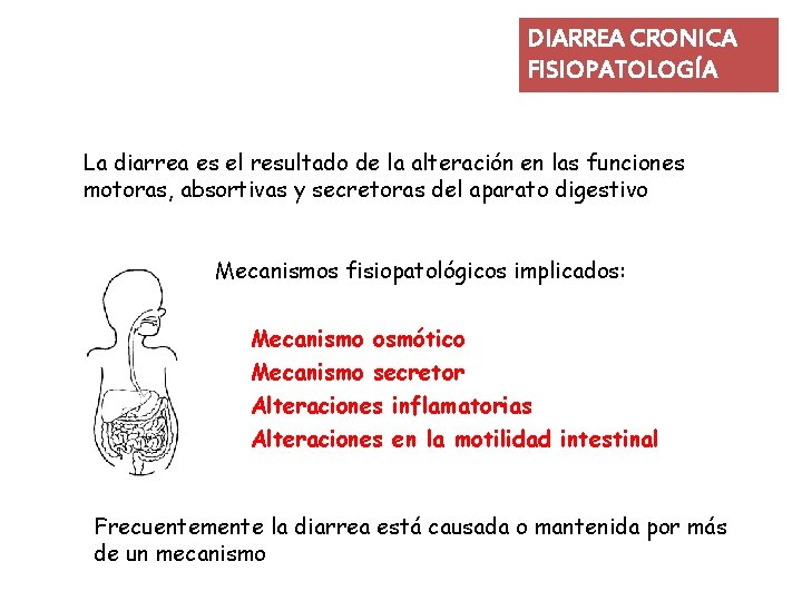 DIARREA CRONICA FISIOPATOLOGÍA La diarrea es el resultado de la alteración en las funciones