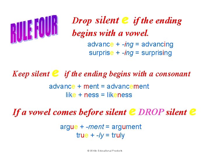 Drop silent e if the ending begins with a vowel. advance + -ing =