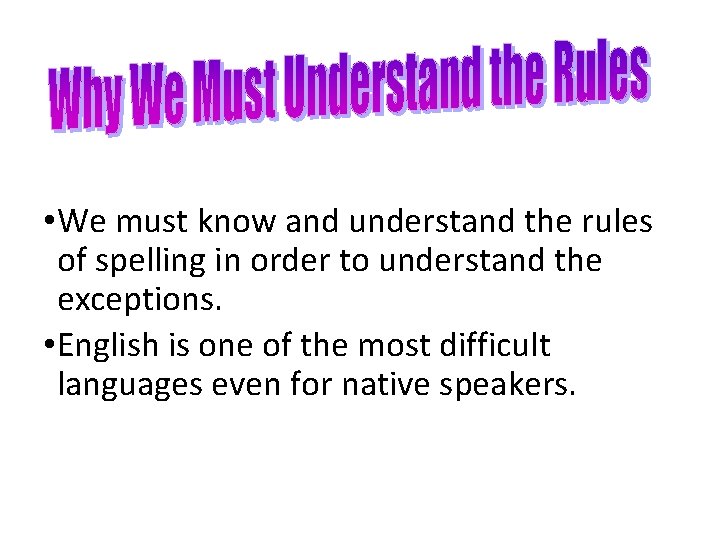  • We must know and understand the rules of spelling in order to