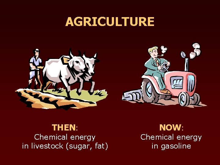 AGRICULTURE THEN: Chemical energy in livestock (sugar, fat) NOW: Chemical energy in gasoline 
