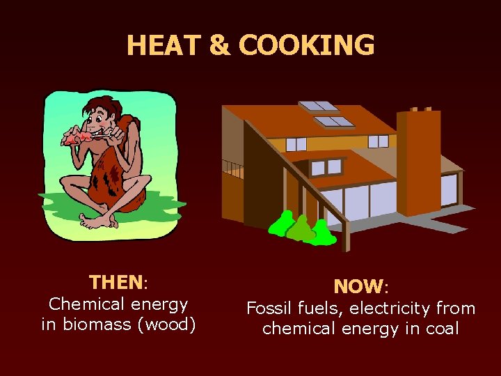 HEAT & COOKING THEN: Chemical energy in biomass (wood) NOW: Fossil fuels, electricity from