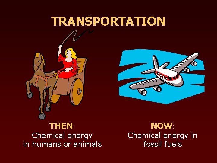 TRANSPORTATION THEN: Chemical energy in humans or animals NOW: Chemical energy in fossil fuels