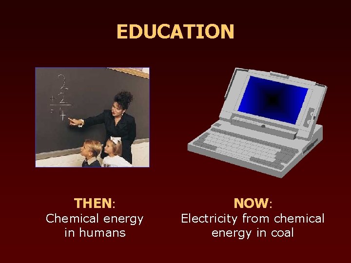 EDUCATION THEN: Chemical energy in humans NOW: Electricity from chemical energy in coal 