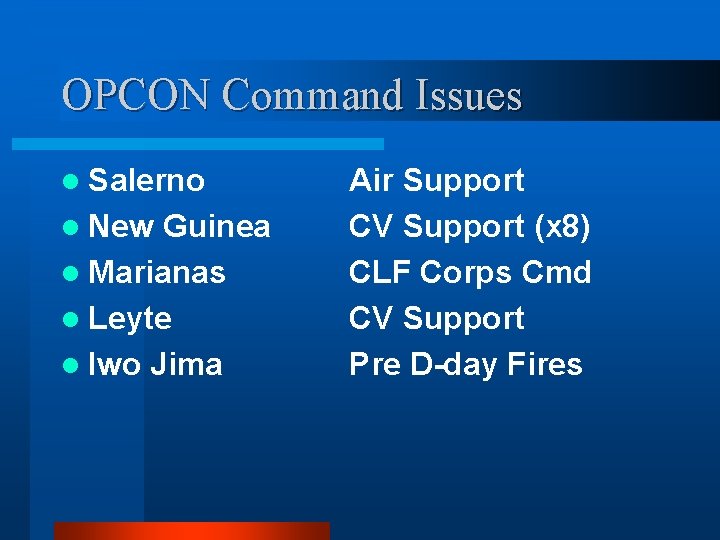 OPCON Command Issues l Salerno l New Guinea l Marianas l Leyte l Iwo