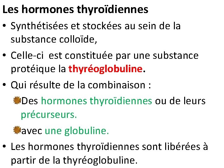 Les hormones thyroïdiennes • Synthétisées et stockées au sein de la substance colloïde, •