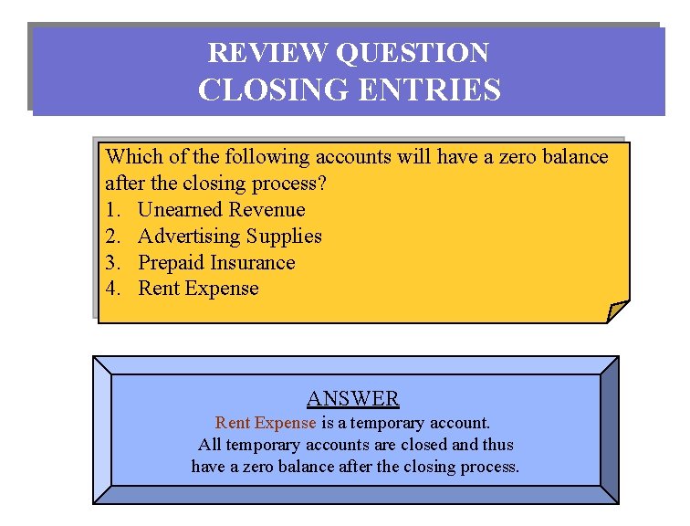 REVIEW QUESTION CLOSING ENTRIES Which of the following accounts will have a zero balance